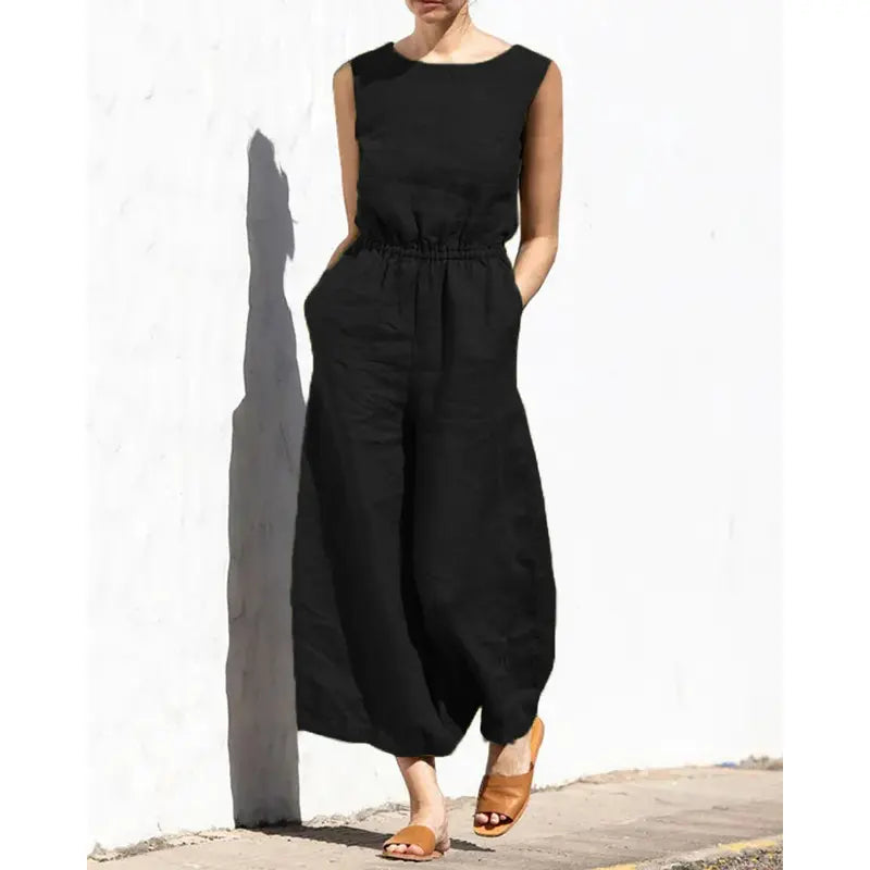 Beatrice | Avslappnad ärmlös jumpsuit med resår i midjan och fickor